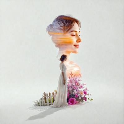 The primary subject of the image is a woman, who is the main focus of the scene. She is depicted in a digital art style, with a white dress and a smile on her face. The setting is a white background, which provides a clean and minimalist appearance. The visual style is a combination of digital art and illustration, creating a unique and artistic representation of the woman. The colors in the image are predominantly white, which adds to the overall mood of simplicity and elegance.